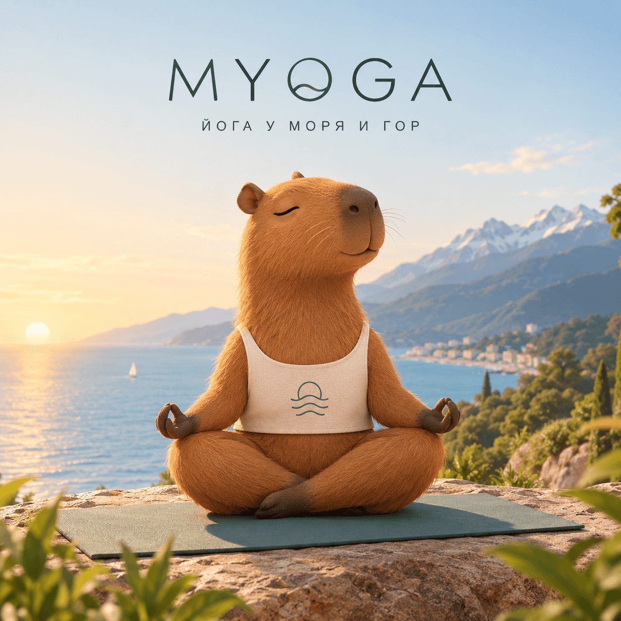 Капибара-талисман MYOGA в позе лотоса на фоне моря и гор на закате