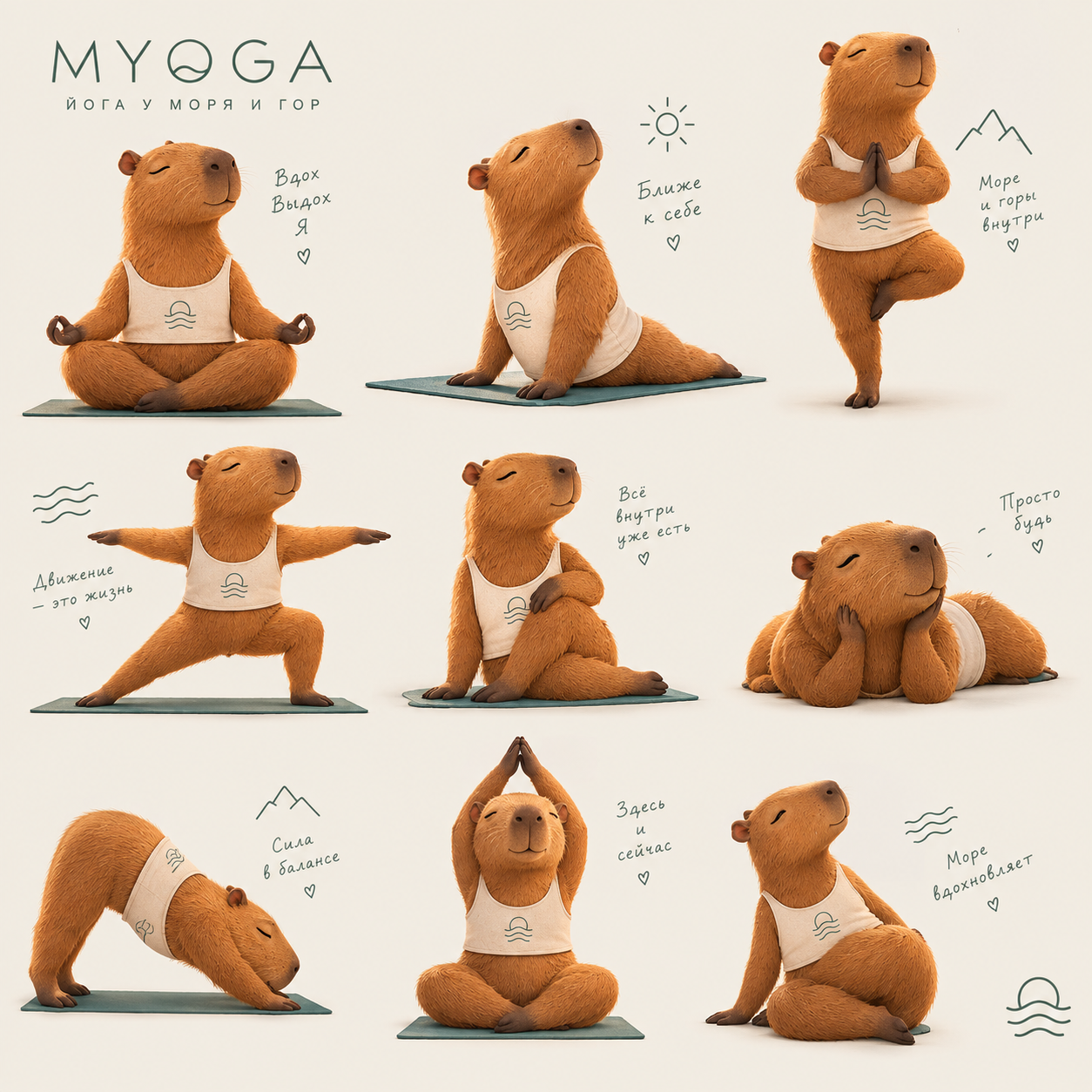 Иллюстрация: капибара-талисман MYOGA в позах йоги (не фото студии)